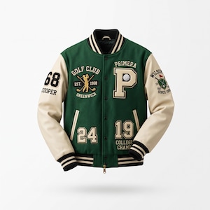 May include: A green varsity jacket with cream-coloured sleeves, featuring embroidered patches including 'GOLF CLUB', 'PRIMERA P', '68 COOPER', '24', '19 COLLEGE CHAMP', and 'WILSON SINCE 1968'. The jacket has a snap-button front and striped ribbed trim.