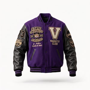 May include: A purple varsity jacket with black leather sleeves and striped ribbed cuffs. The front features embroidered patches reading State University Athletics, J. Miller Class of 2023, and Varsity Club with a large letter V and a wildcat mascot.