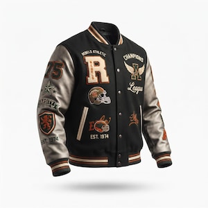 May include: A black varsity jacket with metallic silver sleeves, featuring various embroidered patches including the text Rebels Athletic, Champions League, and Est. 1974. The jacket has a ribbed collar, cuffs, and hem with striped detailing and snap buttons.