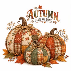 Può includere: Tre zucche in tessuto con motivi patchwork a fiori, quadri e pois nei toni dell'arancione, verde e marrone. Ogni zucca ha un picciolo marrone e un fiocco di spago. Il testo AUTUMN STATE OF MIND è stampato sopra le zucche.