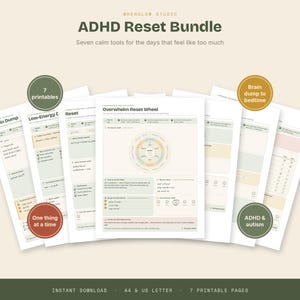 May include: A set of seven printable pages titled ADHD Reset Bundle by Wrenglow Studio. The documents feature various organizational tools including an Overwhelm Reset Wheel, brain dump sheets, and low-energy checklists in a soft, muted color palette.
