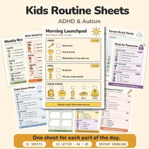 May include: A collection of printable routine sheets for children, featuring titles like Morning Launchpad, Weekly Reset, and Calm-Down Steps. The sheets include checklists, icons, and text instructions for daily tasks, organized with color-coded sections.