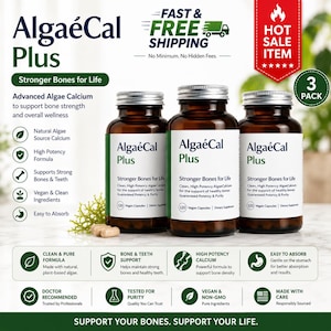 May include: Three amber glass bottles of AlgaeCal Plus dietary supplement, each with a white label stating 120 Vegan Capsules. The packaging highlights natural algae source calcium, bone and teeth support, and a high potency formula for wellness.