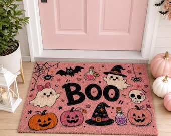 Pink Halloween Doormat, Cute Ghost Boo Welcome Mat, Spooky Pumpkin Witch Door Mat, Coquette Halloween Porch Decor, Fall Entry Rug