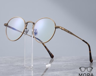 Occhiali da vista vintage rotondi in titanio, montatura ottica retrò leggera, occhiali unisex con incisione per la protezione dalla luce blu, montatura in bronzo dorato antico