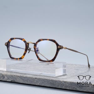 Geometric Titanium Eyeglasses, Tortoise Acetate Hexagon Frame, Lightweight Vintage Optical Glasses, Unisex Blue Light Filter Frames