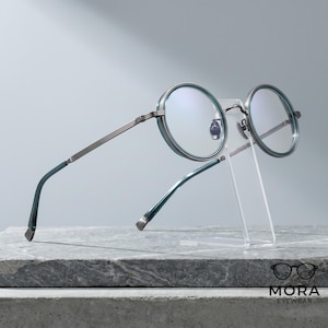 Vintage Round Titanium Eyeglasses, Retro Acetate Optical Frame, Lightweight Blue Light Glasses, Unisex Clear Lens Frames for Men Women
