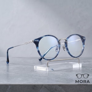 Round Panto Titanium Glasses Frames, Vintage Blue Tortoise Eyeglasses, Lightweight Retro Optical Frame for Men Women, Non-Prescription