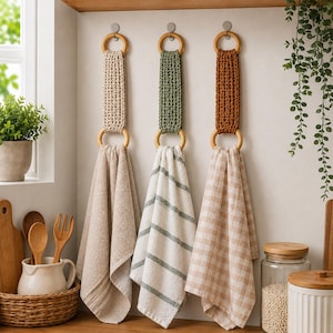 Peut inclure: Trois torchons de cuisine suspendus à des anneaux en bois. Les torchons présentent des parties supérieures en crochet de couleur beige, vert sauge et orange rouille. Les tissus sont beige uni, blanc à rayures vertes et à carreaux vichy.
