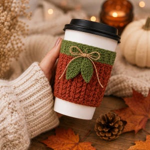 Puede incluir: Un vaso de café desechable blanco con una funda de ganchillo de dos tonos. La funda tiene una sección inferior acanalada de color óxido y una banda superior verde oliva, decorada con dos hojas de ganchillo y un lazo de cuerda fina marrón.