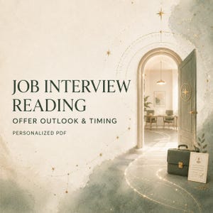 May include: A digital graphic featuring the text JOB INTERVIEW READING OFFER OUTLOOK & TIMING PERSONALIZED PDF. The image displays an open arched doorway leading to a room with a table and chairs, a green briefcase, and a document with a person icon.