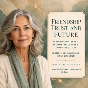 May include: A person with shoulder-length grey hair wears a light-coloured top and a sage green scarf. Beside them, a rectangular sign displays the text: Friendship Trust and Future, Personal Patterns, Hidden Influences, Inner Direction, Context, Key Influences, One Core Question, Personalized Written Reading, 24-48hours.