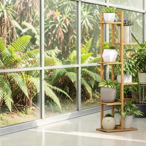 Peut inclure: Un grand support à plantes en bambou à plusieurs niveaux, doté d'une structure verticale avec six étagères décalées. Le support contient diverses plantes en pot dans des contenants blancs, gris et texturés, dont un petit pot en forme de hibou.
