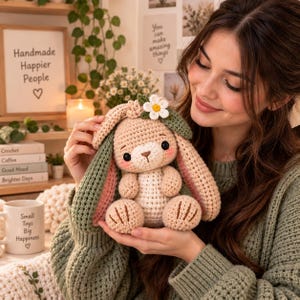 May include: A beige crochet bunny toy with long ears, pink cheeks, and a small white flower accent on its head. The bunny has a cream-colored belly, dark eyes, and a stitched nose. It is crafted with textured yarn and features detailed paw pads.
