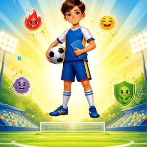 May include: A digital illustration of a young soccer player in a blue and white uniform holding a soccer ball and a blue notebook. The text reads LA MIA SQUADRA SPECIALE LE MIE EMOZIONI and Il mio diario del campione: racconto le mie emozioni.