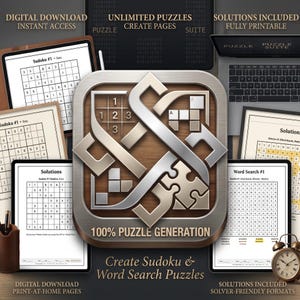 Pode incluir: Uma suíte de quebra-cabeças digitais com páginas de Sudoku e caça-palavras com soluções. O ícone central exibe um intrincado design de nó metálico. O texto inclui "Digital Download," "Unlimited Puzzles," "Create Pages," "Solutions Included," e "100% Puzzle Generation."