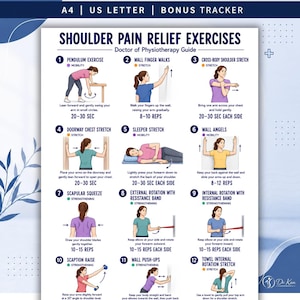 May include: A white instructional poster titled Shoulder Pain Relief Exercises, Doctor of Physiotherapy Guide. It features twelve numbered illustrations of physical therapy movements with text instructions, durations, and repetition counts for each.