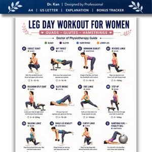 Può includere: Un poster didattico bianco intitolato Leg Day Workout for Women di Dr. Kan. Presenta dodici illustrazioni di esercizi numerate con descrizioni testuali, conteggio di serie e ripetizioni ed etichette per gruppi muscolari codificate a colori.