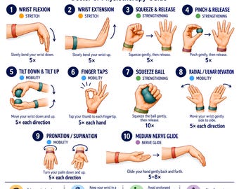 Può includere: Una tabella educativa intitolata Carpal Tunnel Exercises: Doctor of Physiotherapy Guide. Presenta dieci illustrazioni numerate di movimenti della mano e del polso, tra cui flessione, estensione, picchiettio delle dita e scivolamento dei nervi con istruzioni.