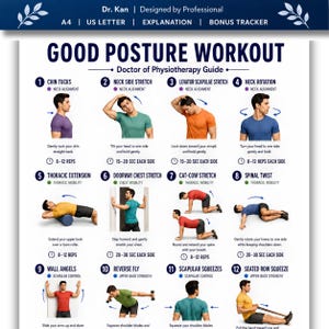 Può includere: Un poster digitale intitolato Good Posture Workout, Doctor of Physiotherapy Guide, che presenta dodici illustrazioni numerate di esercizi. Ogni sezione include un titolo, una breve istruzione e conteggi di ripetizioni o tempo per i movimenti.