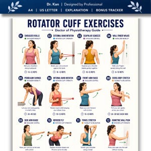 May include: A white instructional poster titled Rotator Cuff Exercises by Dr. Kan. It features twelve numbered illustrations of physical therapy movements, including shoulder rolls, band rotations, and stretches, with text instructions and repetition counts.