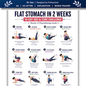 Könnte beinhalten: Ein digitaler Fitness-Leitfaden mit dem Titel Flat Stomach in 2 Weeks 14-Day Abs & Core Challenge von Dr. Kan. Das Dokument enthält zwölf nummerierte Übungsillustrationen, darunter Dead Bugs, Leg Raises und Planks mit Anleitungen und Wiederholungen.