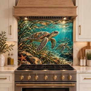 May include: A kitchen backsplash panel featuring an underwater scene with two sea turtles swimming near rocks, seaweed, and a starfish. The image displays sunlight filtering through the water, creating a vibrant blue and golden colour palette.