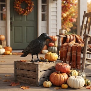 May include: A black raven figurine perched on a wooden crate surrounded by various pumpkins in shades of orange, white, and green. A wooden rocking chair with an orange plaid blanket and a ceramic mug sits nearby on a porch with autumn leaves.