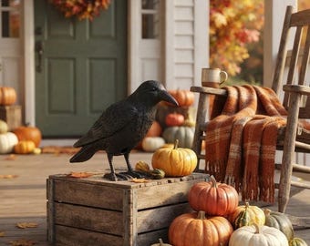 Levensgrote, realistische zwarte ravenlokvogel, natuurlijk vogelafweermiddel voor in de tuin en als griezelig Halloween-decoratie-accessoire.