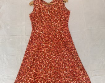 Vintage dress sleeveless 80s summer dress V-neck multicolor orange midi dress size L