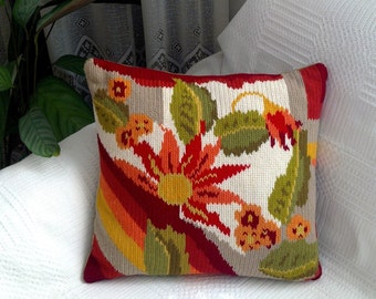 Hand embroidered pillow cover wool floral multicolored flower throw pillow