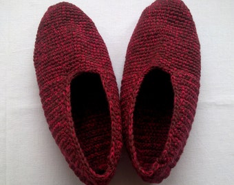 Men crocheted slippers wool dark red melange knit warm winter home shoes