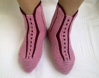 Women slippers socks 100% natural wool pink hand knitted warm winter home shoes slippers boots