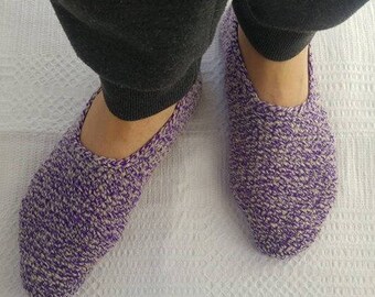 Men slippers natural wool crocheted melange grey purple knit shoes home warm winter size US 10  EU 43