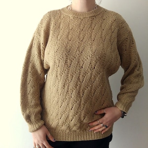 Vintage women sweater 80s lace beige pullover XL hand knit sweater round neck long sleeves