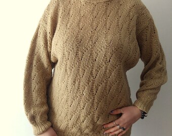 Vintage women sweater 80s lace beige pullover XL hand knit sweater round neck long sleeves