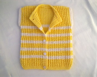 Baby vest girl hand knitted sweater yellow white stripes toddler 6 - 12 months