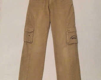 Vintage men pants 90s beige cotton trousers size L denim dress sport pants outside pockets