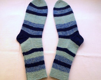 Hand knitted socks men wool warm winter socks blue stripes