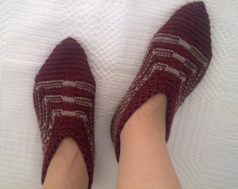 Wool women slippers dark red grey stripes warm socks hand knitted home shoes winter slippers