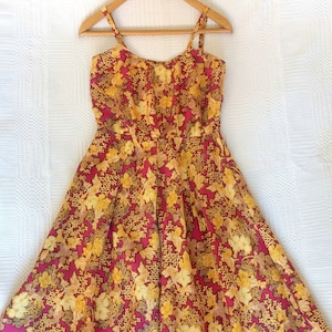 Vintage dress straps 70s handmade floral summer yellow purple midi dress size XS