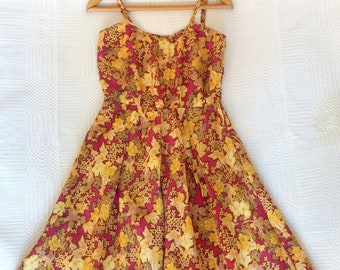 Vintage dress straps 70s handmade floral summer yellow purple midi dress size XS