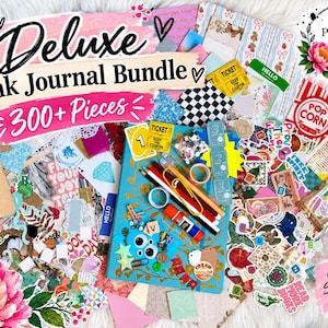 Puede incluir: Un conjunto de diario creativo deluxe que contiene más de 300 piezas de papel, efímera y pegatinas. La colección incluye un diario color verde azulado, varios papeles estampados, troqueles coloridos, boletos, cinta adhesiva, pegamento en barra y bolígrafos, todo dispuesto en un surtido de suministros.