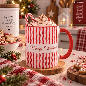 Könnte beinhalten: Ein Keramikbecher mit rot-weißem Wellenstreifenmuster und rotem Henkel. Der Becher trägt den Schriftzug Merry Christmas in roter Schreibschrift auf einem weißen Band. Er ist mit Schlagsahne und einer Zuckerstange gefüllt.