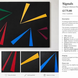 Op de afbeelding: Een origineel abstract schilderij getiteld Signals, met scherpe geometrische driehoeksvormen in groen, geel, rood, blauw en bordeauxrood tegen een diepzwarte achtergrond. Het rechthoekige canvas meet 82 cm bij 61 cm en is handgeschilderd met een matte afwerking.