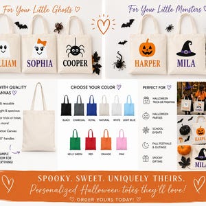 May include: A collection of personalized canvas tote bags featuring Halloween-themed graphics like ghosts, spiders, pumpkins, and witch hats. The bags are displayed in various colors including black, charcoal, blue, white, green, red, orange, and pink, with customizable names printed below each graphic.