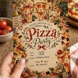 Könnte beinhalten: Eine rechteckige Einladungskarte für eine Pizza Party mit gezeichneten Pizzastücken mit Gesichtern, roten Tomaten, grünem Basilikum und einer roten Schleife. Der Text lautet: You're invited to a Pizza Party, Date: June 6th, Time: 7:00 PM, Place: 123 Delicious Street, RSVP: Ellie by June 1st.