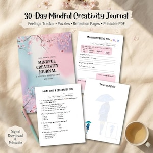 May include: A 30-day mindful creativity journal with a floral cover featuring pink cherry blossoms on a pastel gradient background. Includes interior pages with a feelings tracker, a mind-shift and creativity quiz, and a trace and color activity page.