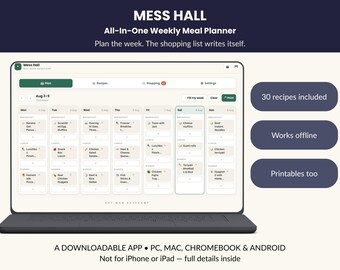 Weekly Meal Planner App + Printable Pack, Auto Grocery List, 30 Recipes, PC & Mac