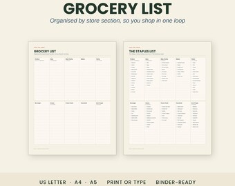 Grocery List Printable, Shopping List by Store Section, Fillable PDF